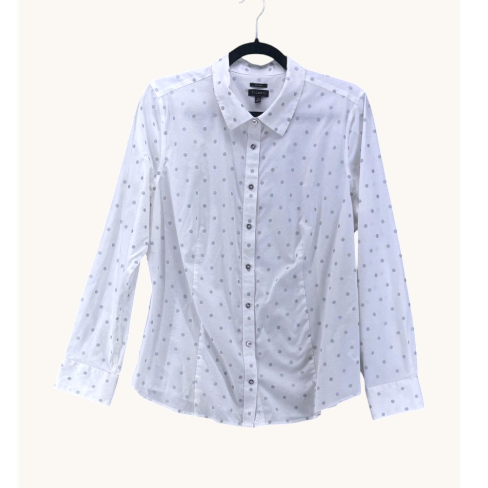 Talbots Womens Button Up Polka Dot Silver Non Iron Career Professional Work‎